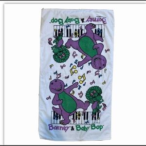 Vintage Barney & Baby Bop White Beach Bath Towel Dinosaur Lyons 1993 Piano Music
